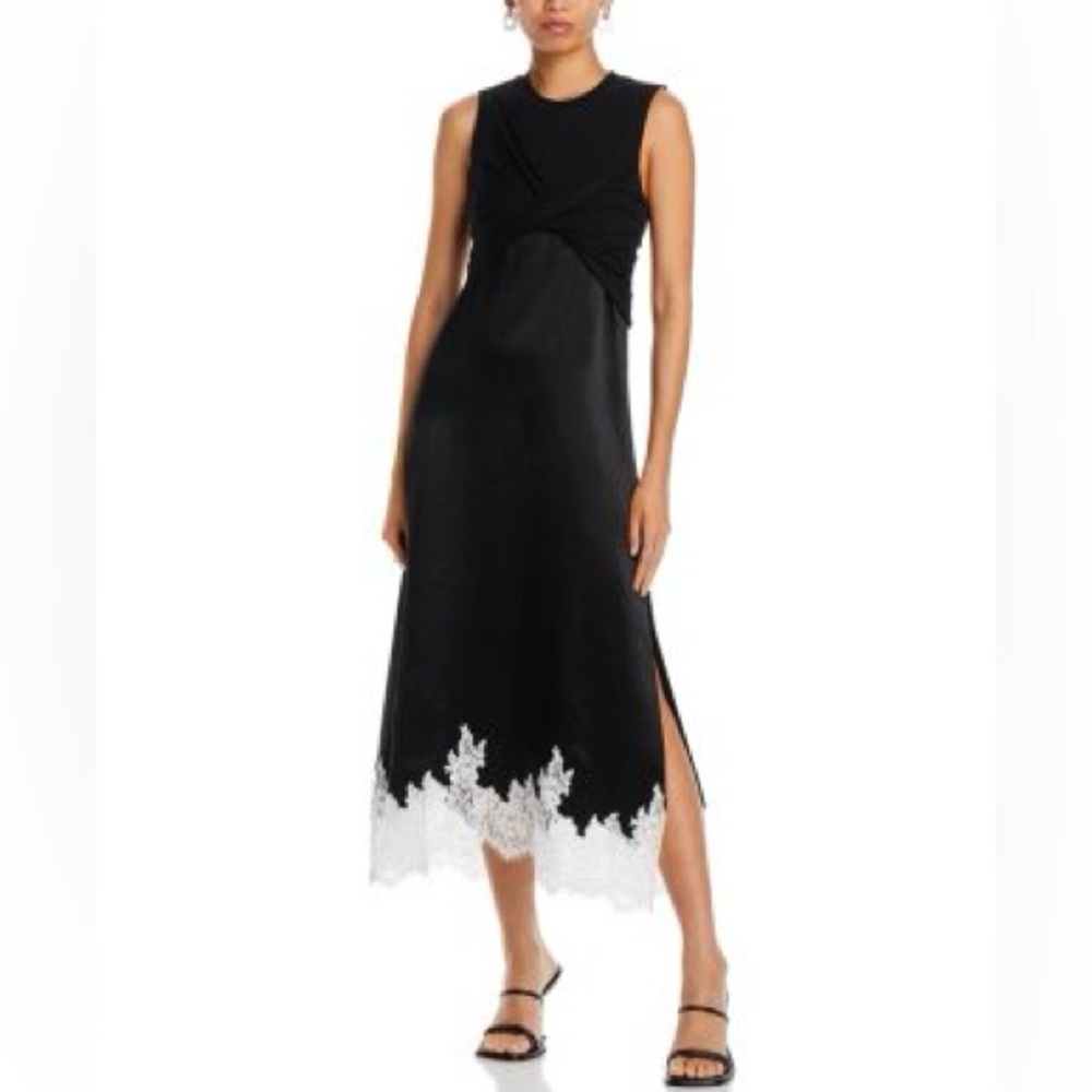 Chic Black Dress with White Lace Hem